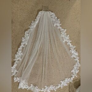 Fingertip Length Ivory Lace with Pearls Wedding Veil